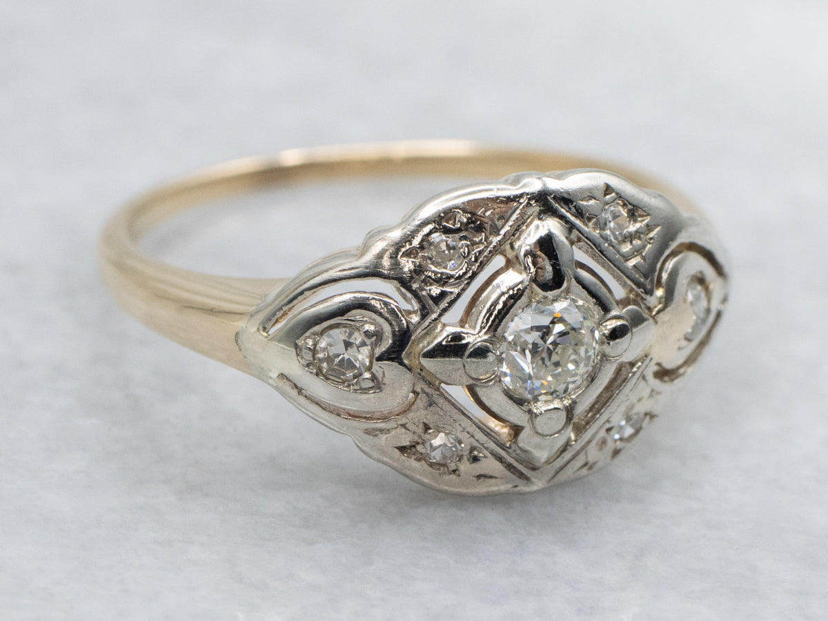 1950s European Cut Diamond Two-Tone Gold Ring
