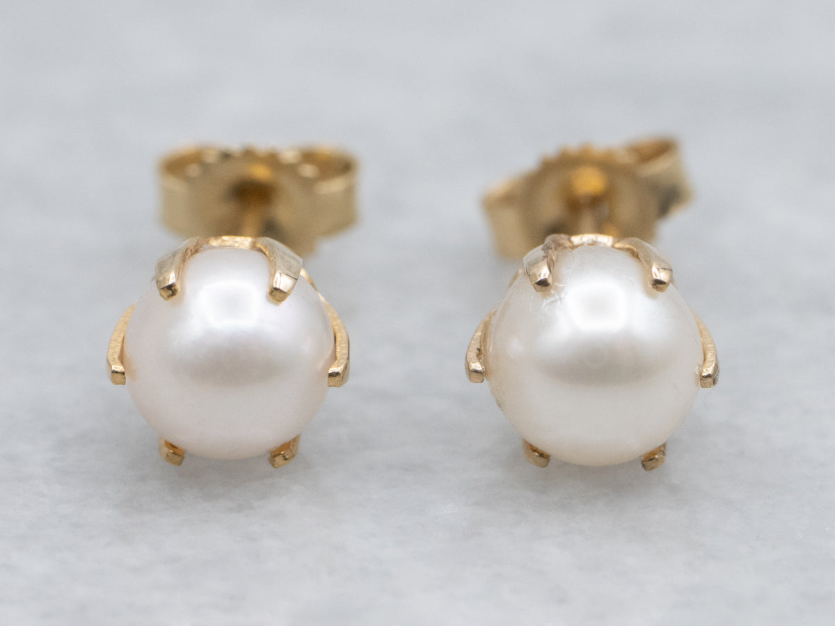 Prong-Set Pearl and Gold Stud Earrings