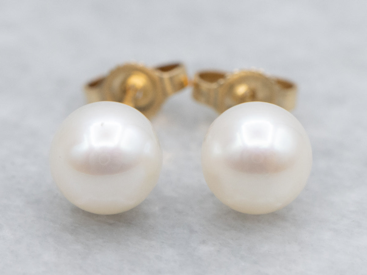 Classic White Pearl Yellow Gold Stud Earrings