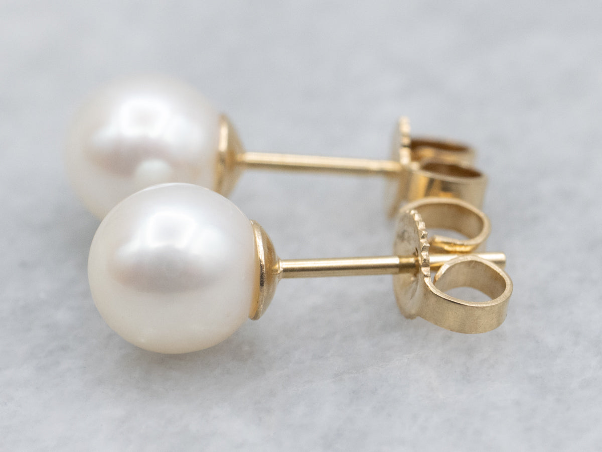 Classic White Pearl Yellow Gold Stud Earrings