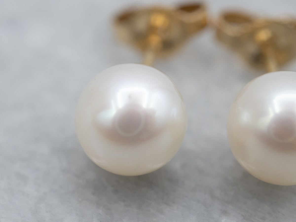 Classic White Pearl Yellow Gold Stud Earrings