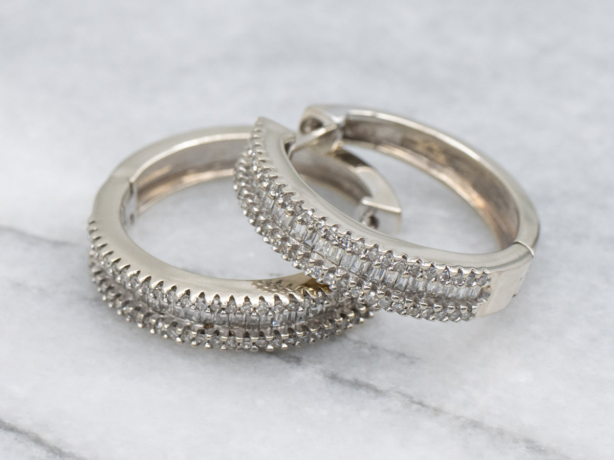 Mixed-Cut Diamond Hinged White Gold Hoop Earrings