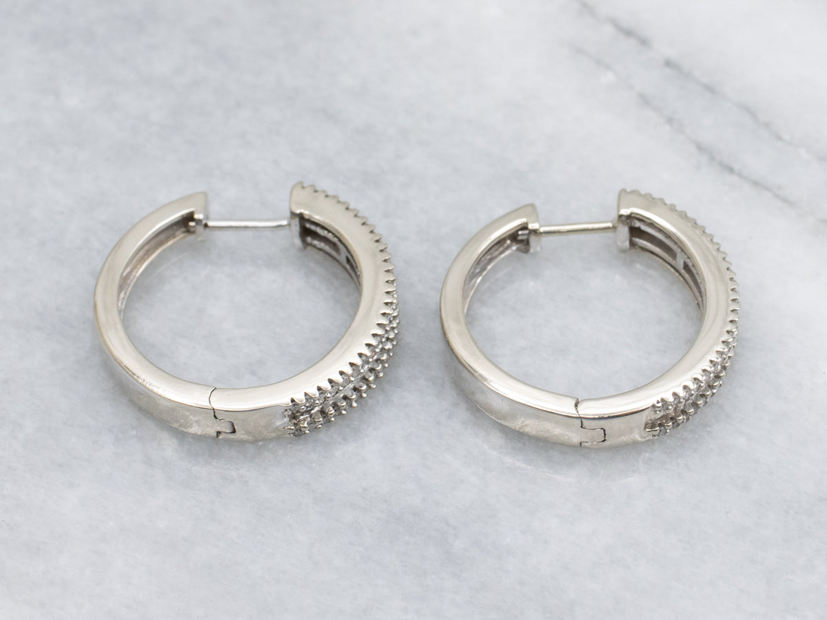 Mixed-Cut Diamond Hinged White Gold Hoop Earrings