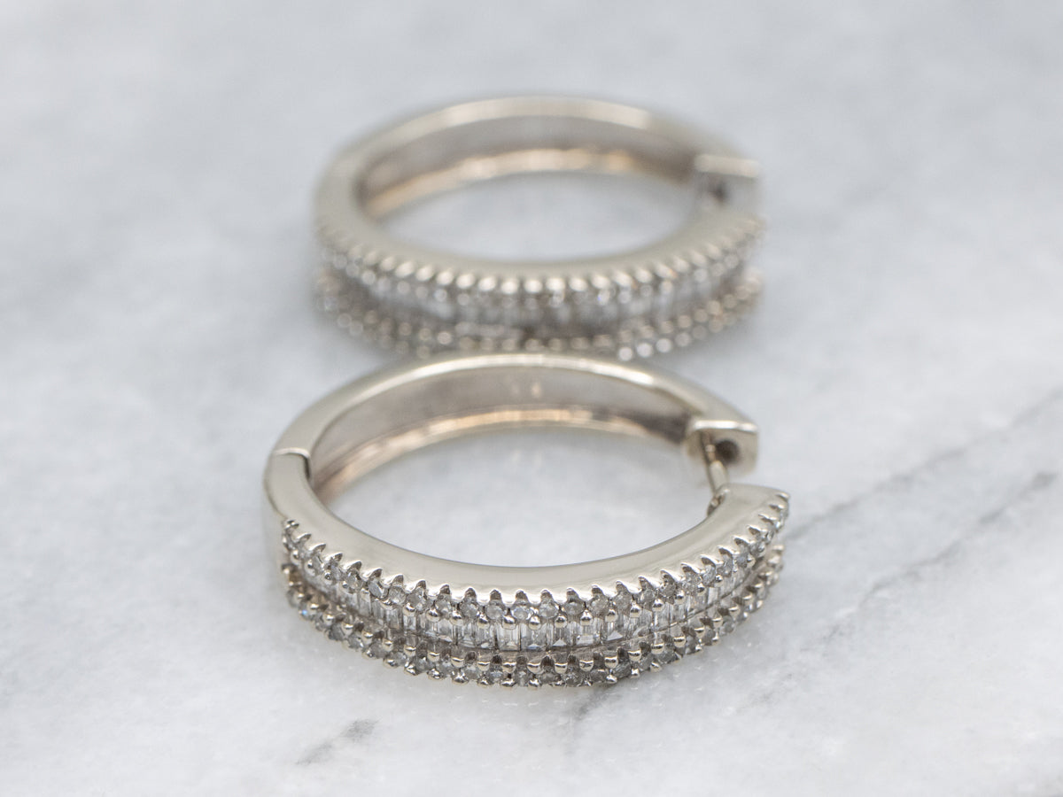 Mixed-Cut Diamond Hinged White Gold Hoop Earrings