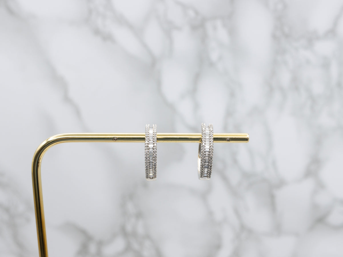 Mixed-Cut Diamond Hinged White Gold Hoop Earrings