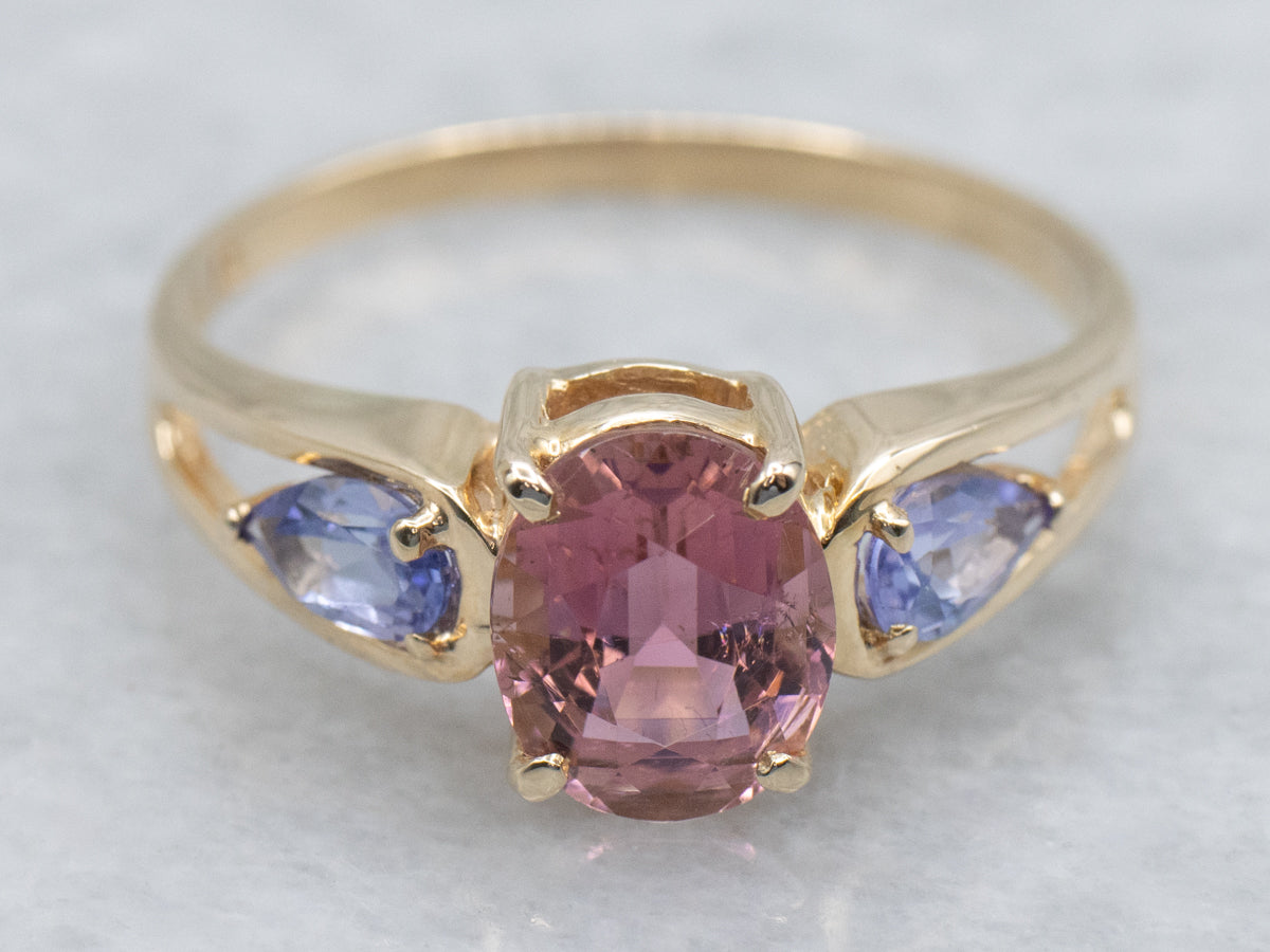 Modern Gold Pink Tourmaline and Tanzanite Ring with Split Shoulders