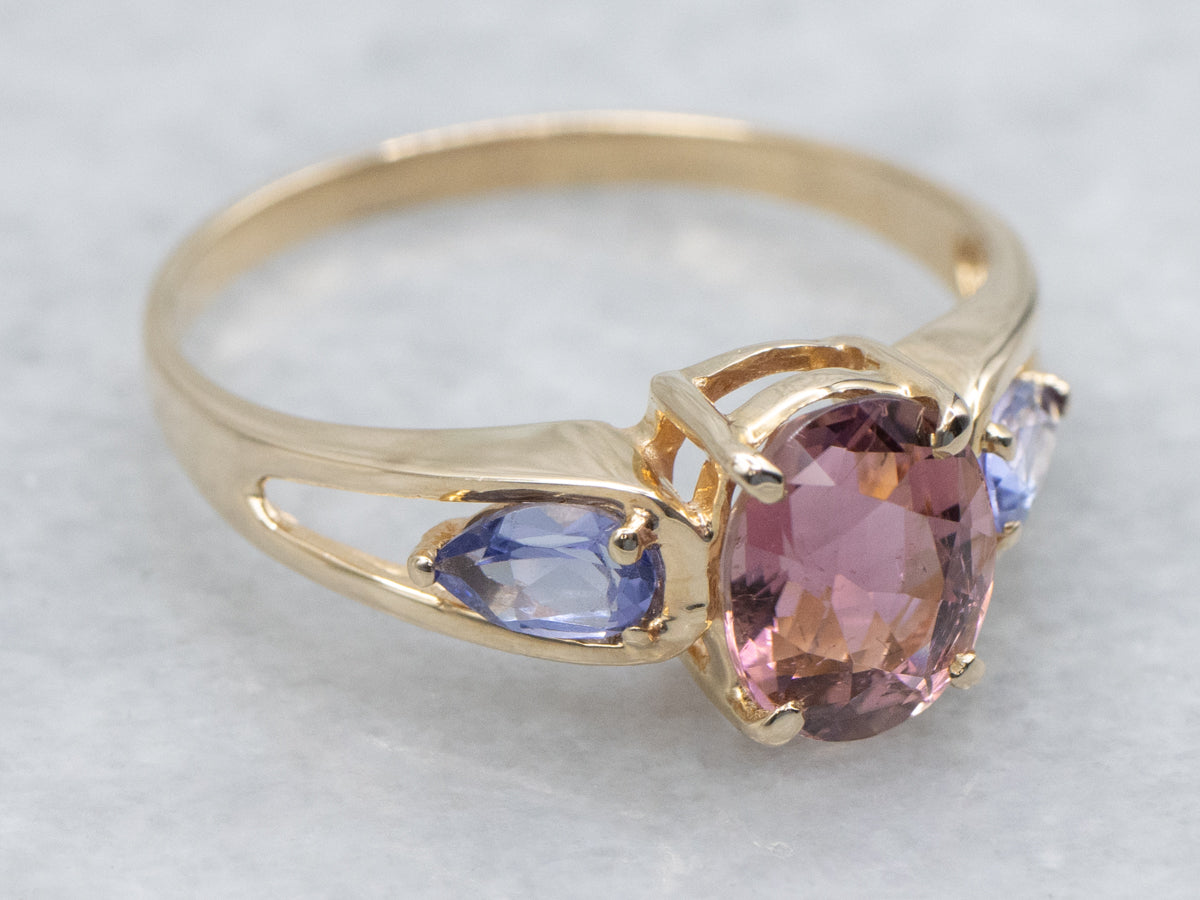 Modern Gold Pink Tourmaline and Tanzanite Ring with Split Shoulders