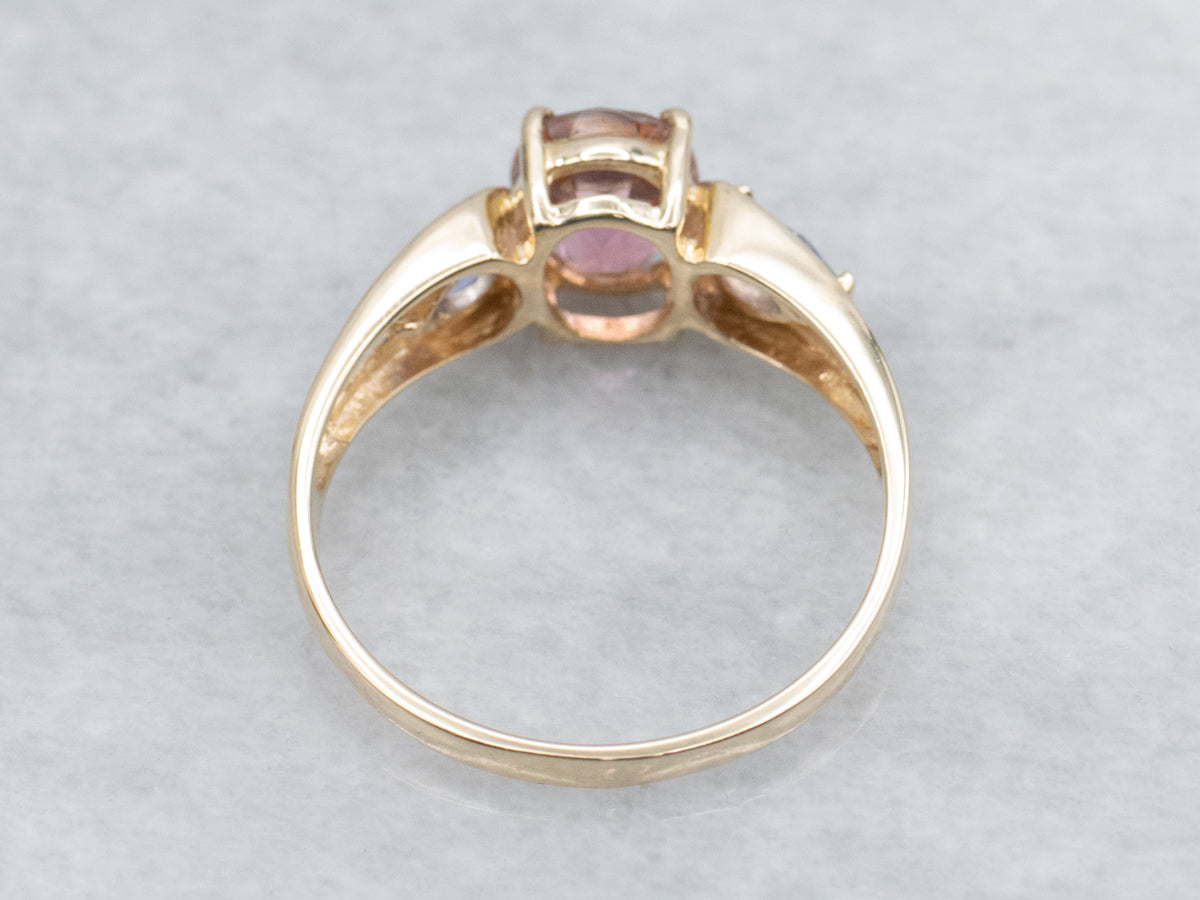 Modern Gold Pink Tourmaline and Tanzanite Ring with Split Shoulders