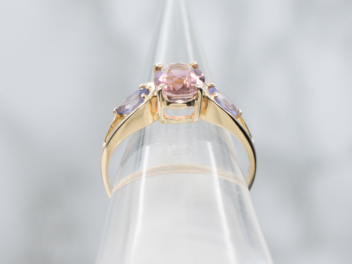 Modern Gold Pink Tourmaline and Tanzanite Ring with Split Shoulders