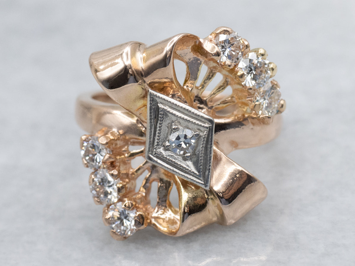 1950s Scrolling Gold Diamond Ring