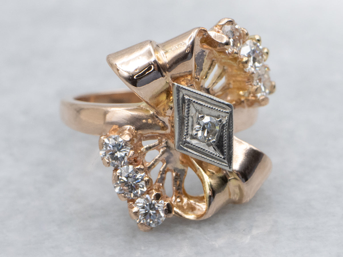 1950s Scrolling Gold Diamond Ring