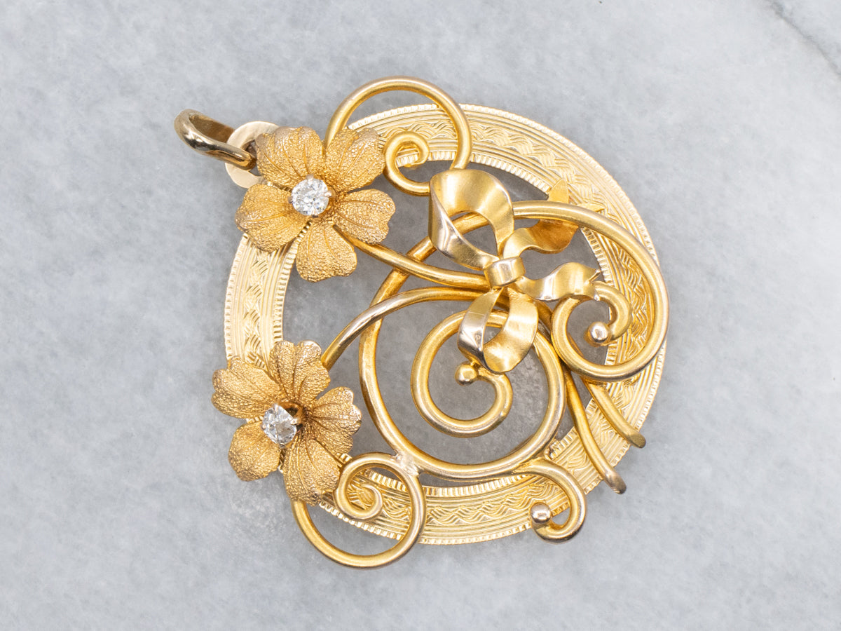 Vintage Floral Diamond and Gold Circle Pendant