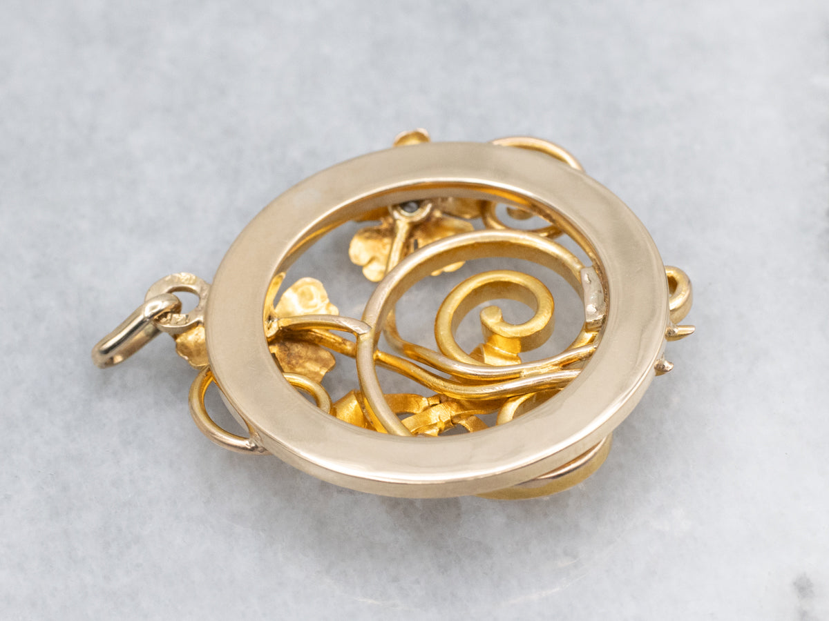 Vintage Floral Diamond and Gold Circle Pendant
