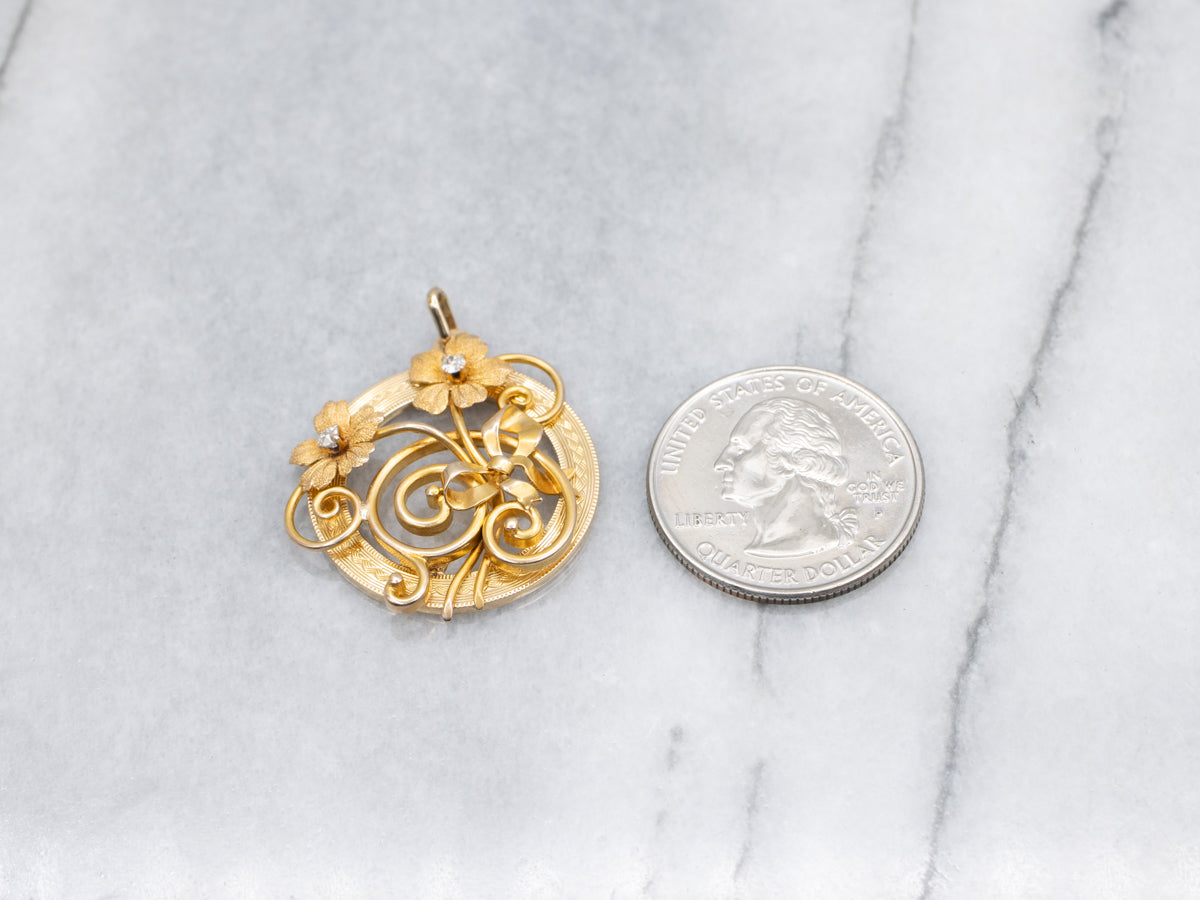 Vintage Floral Diamond and Gold Circle Pendant