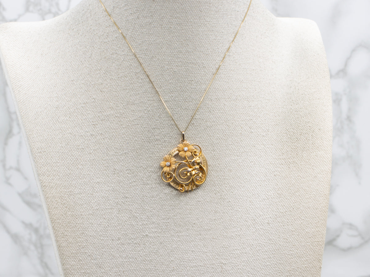 Vintage Floral Diamond and Gold Circle Pendant