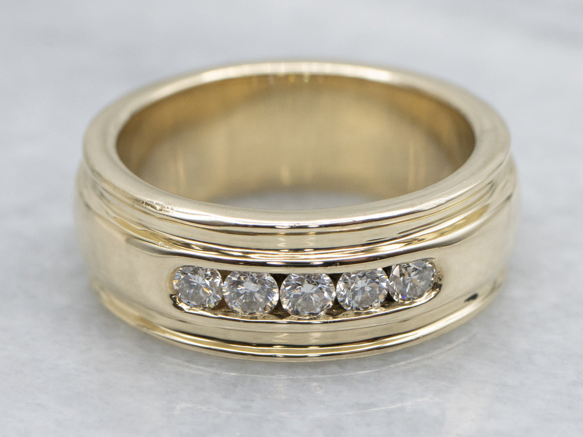Yellow Gold Channel-Set Diamond Band with Grooved Edge