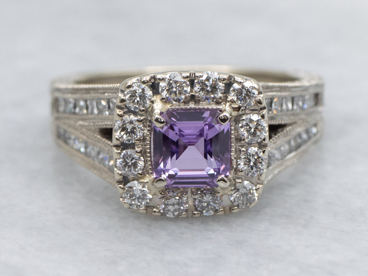 Modern Pink Sapphire and Diamond Halo White Gold Ring