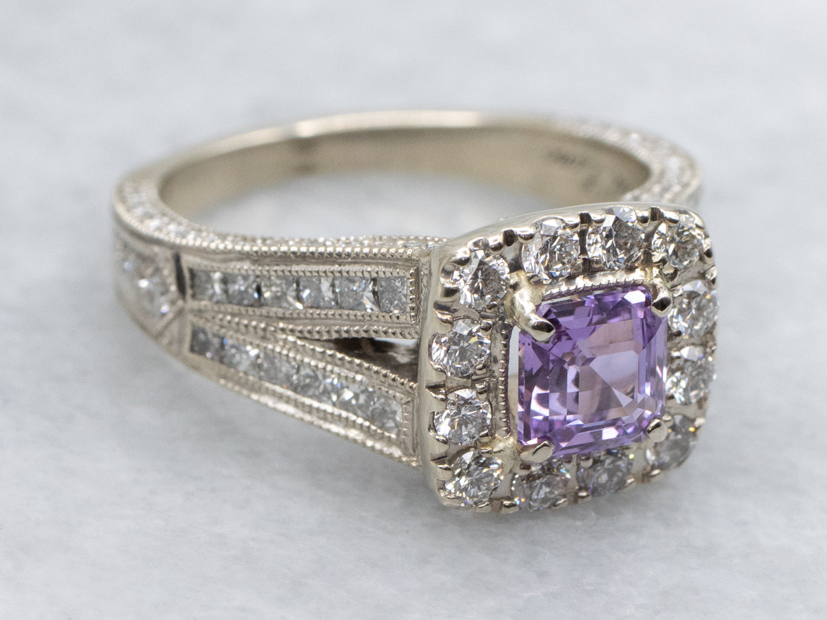 Modern Pink Sapphire and Diamond Halo White Gold Ring