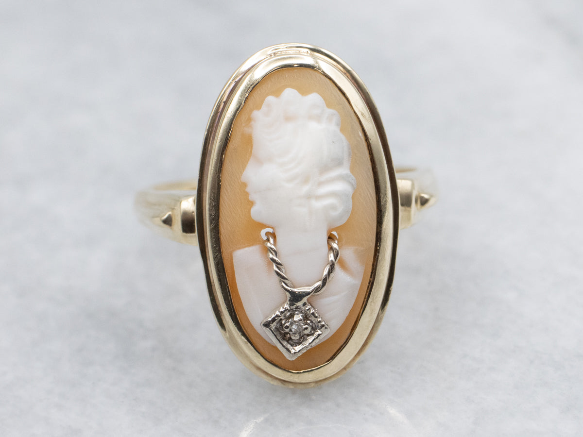Vintage Gold Cameo Ring with Old Mine Cut Diamond Detail