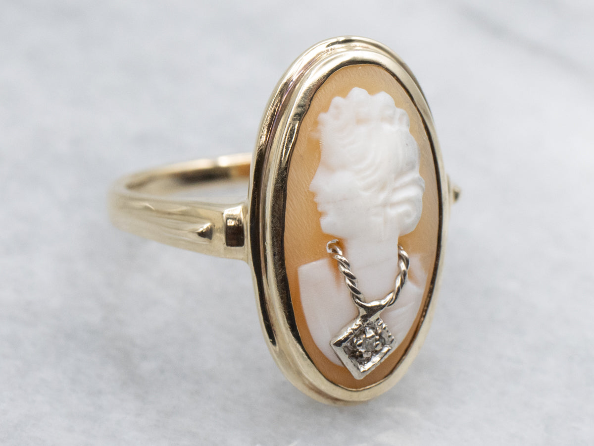 Vintage Gold Cameo Ring with Old Mine Cut Diamond Detail