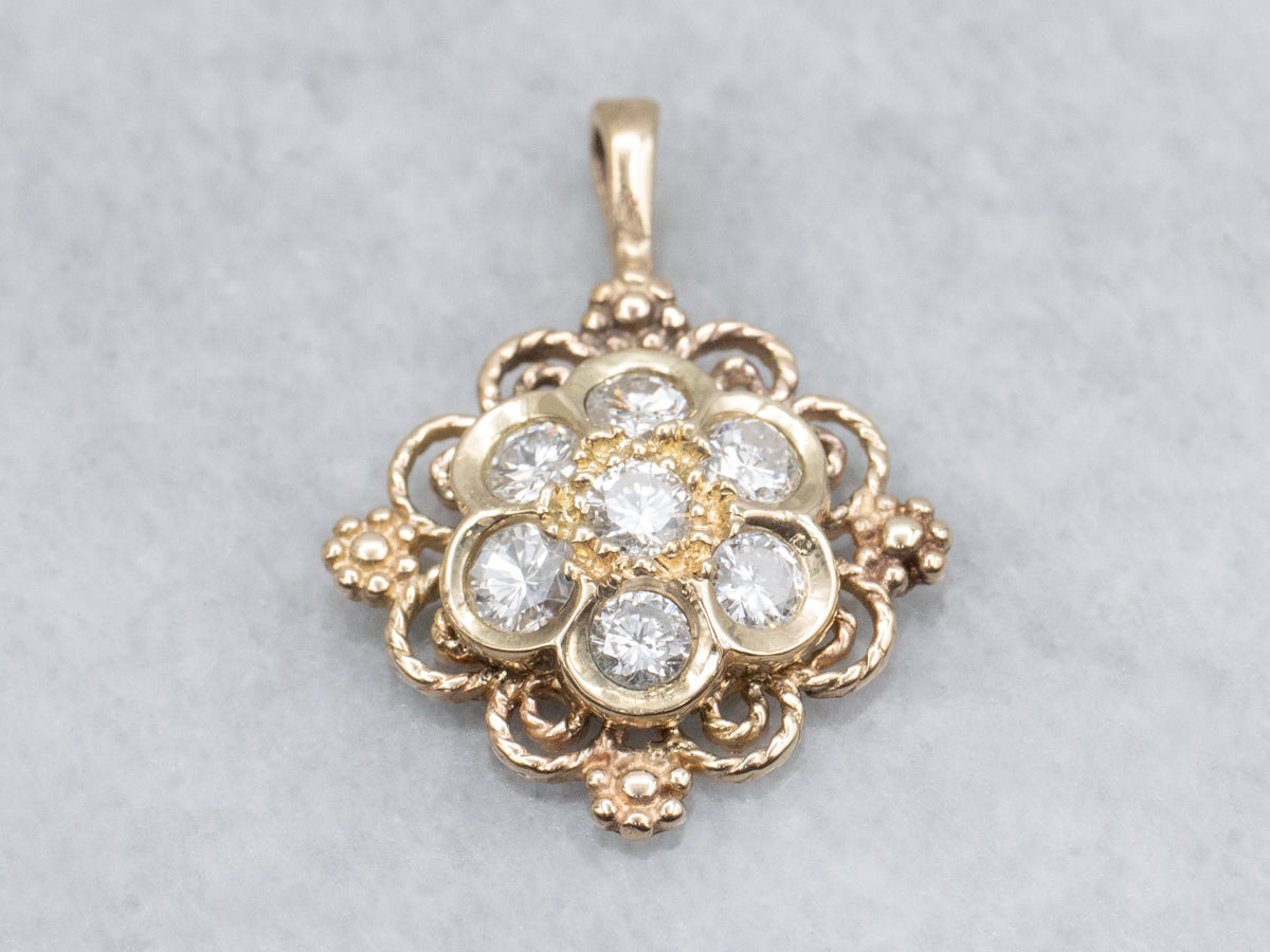 Mixed-Era Floral Diamond Cluster Pendant