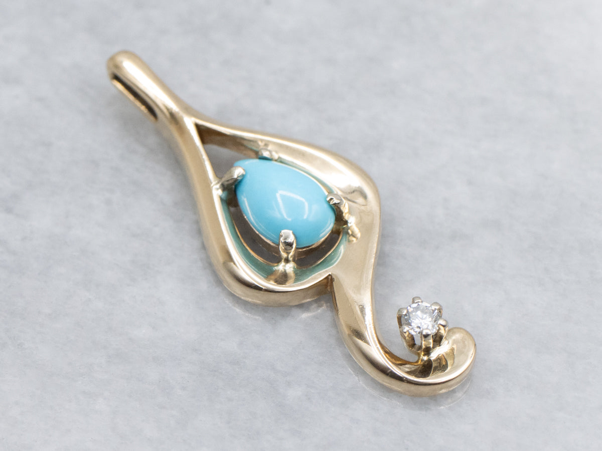 Pear-Cut Turquoise and Diamond Modern Gold Pendant