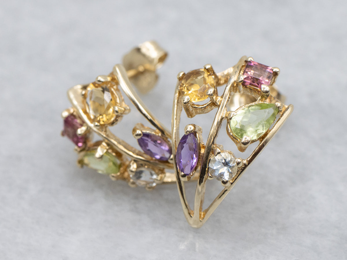 Multi-Gemstone Curved Yellow Gold Stud Earrings