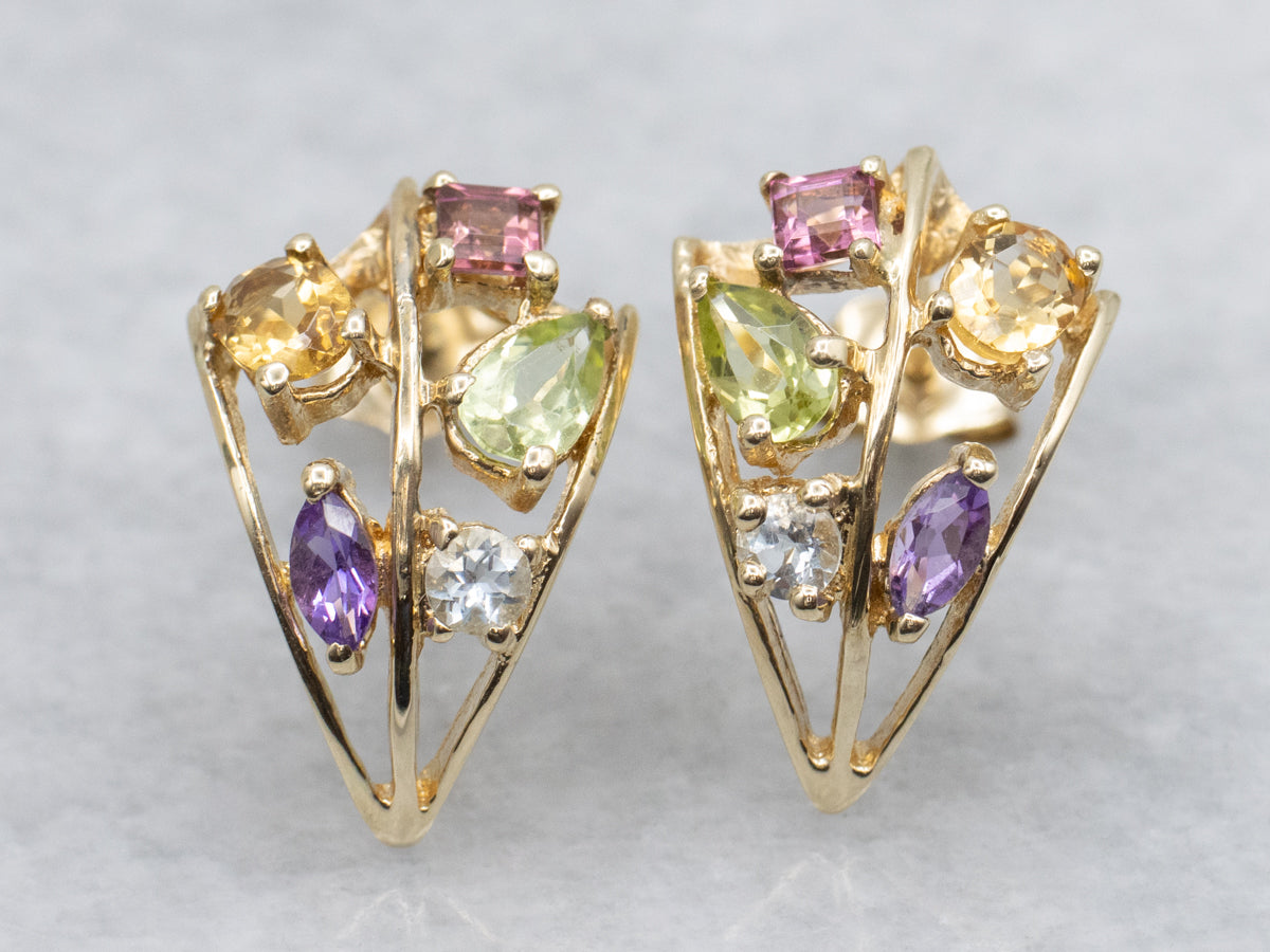 Multi-Gemstone Curved Yellow Gold Stud Earrings