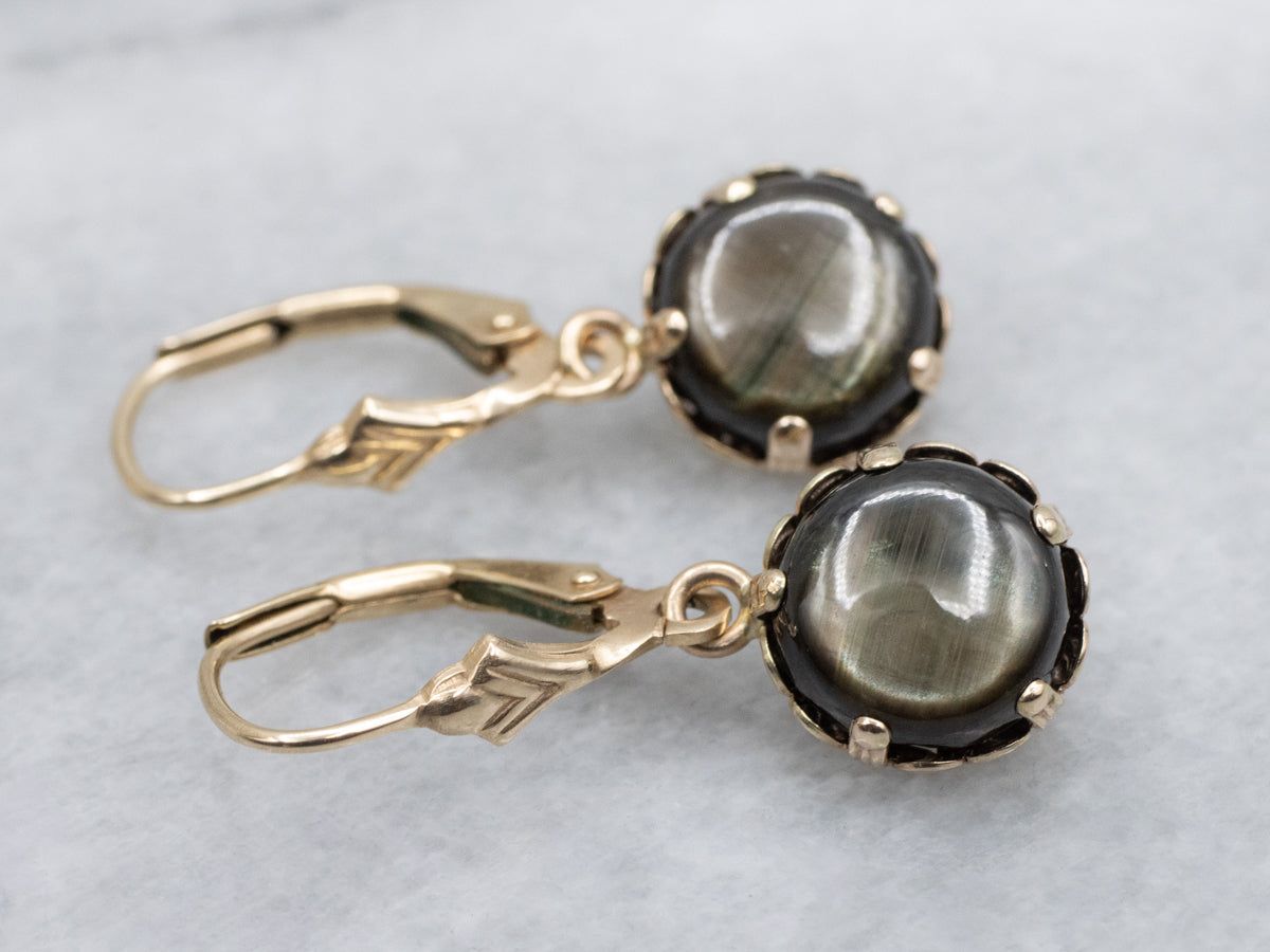 Black-Star Sapphire Cabochon Yellow Gold Drop Earrings