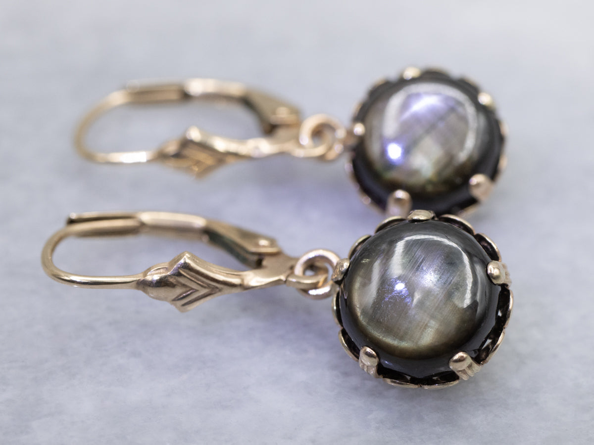 Black-Star Sapphire Cabochon Yellow Gold Drop Earrings