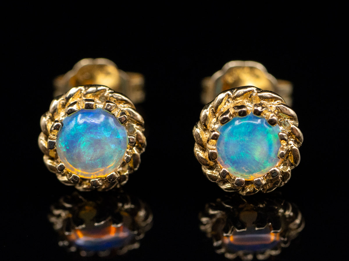 Opal Yellow Gold Stud Earring with Rope Twist Setting