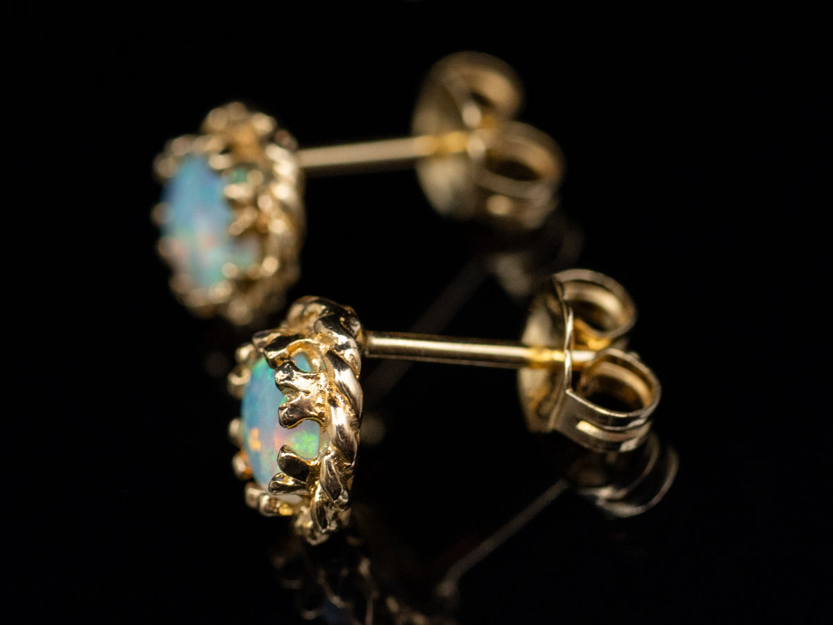 Opal Yellow Gold Stud Earring with Rope Twist Setting
