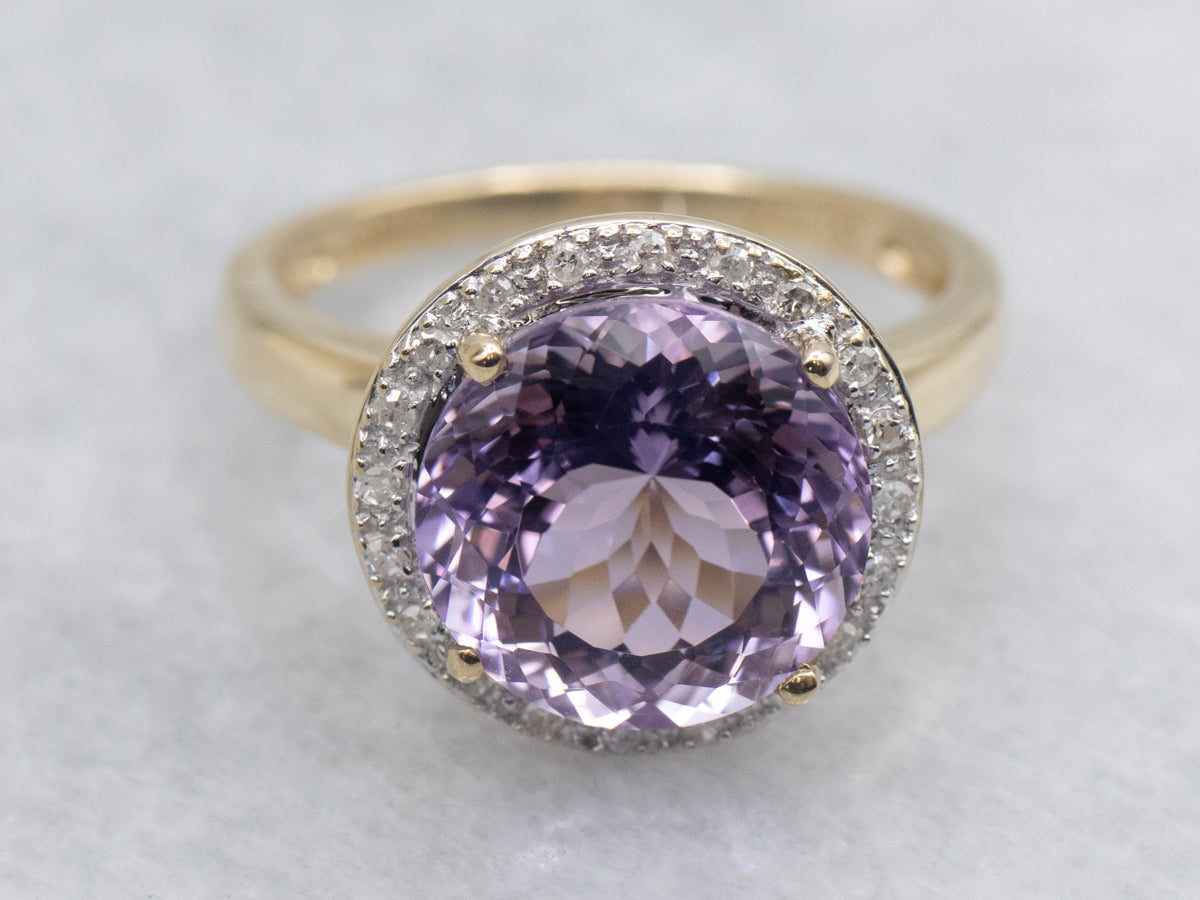 Modern Pink Amethyst and Diamond Halo Gold Cocktail Ring