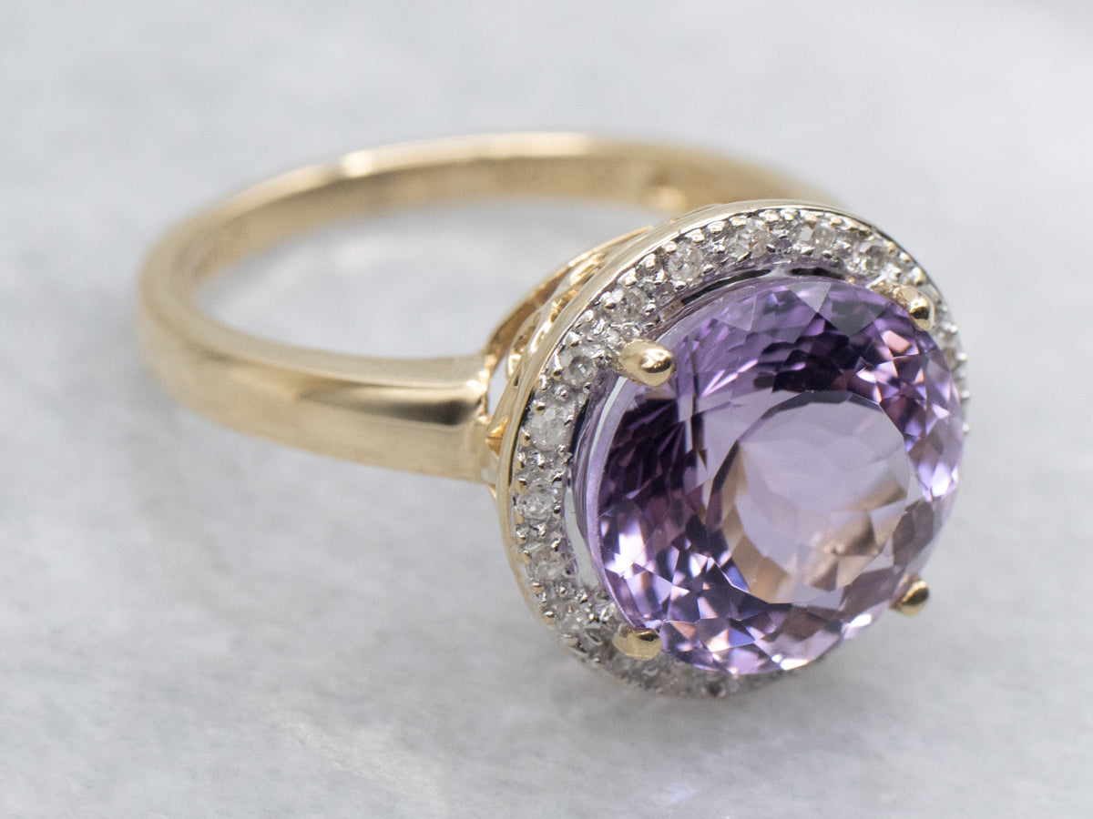 Modern Pink Amethyst and Diamond Halo Gold Cocktail Ring