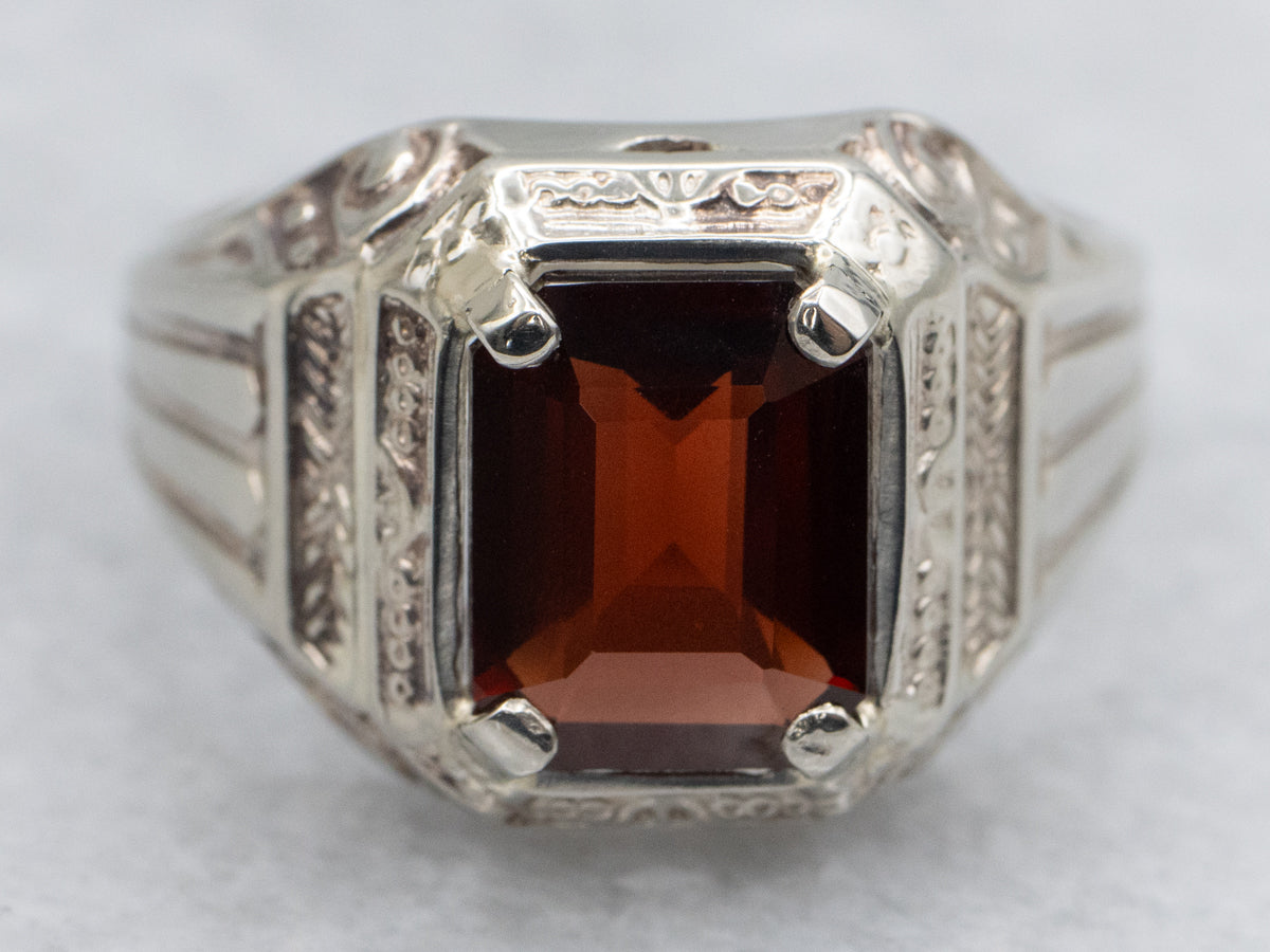 Men's Engraved Gold Garnet Statement Ring