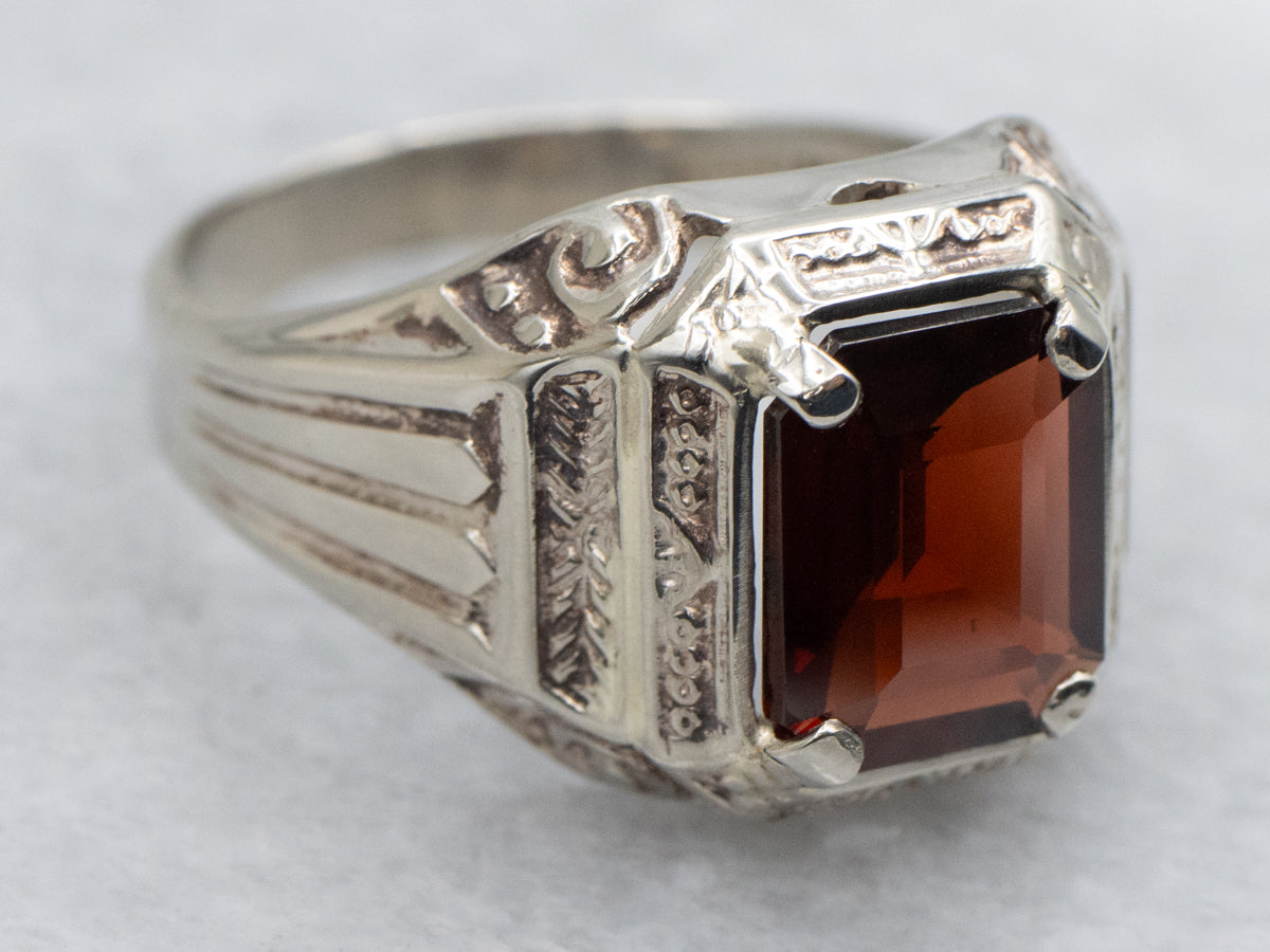 Men's Engraved Gold Garnet Statement Ring