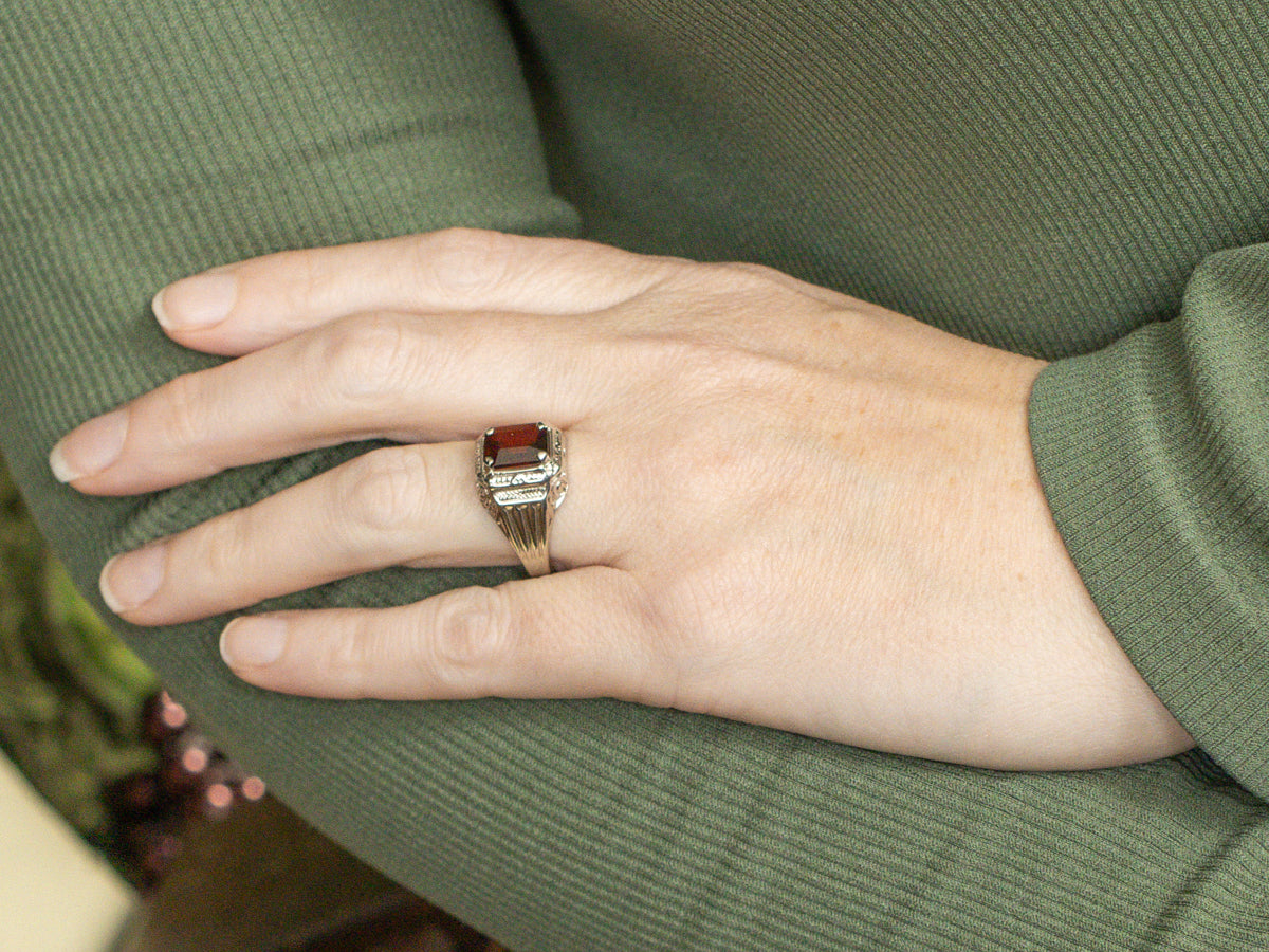 Men's Engraved Gold Garnet Statement Ring