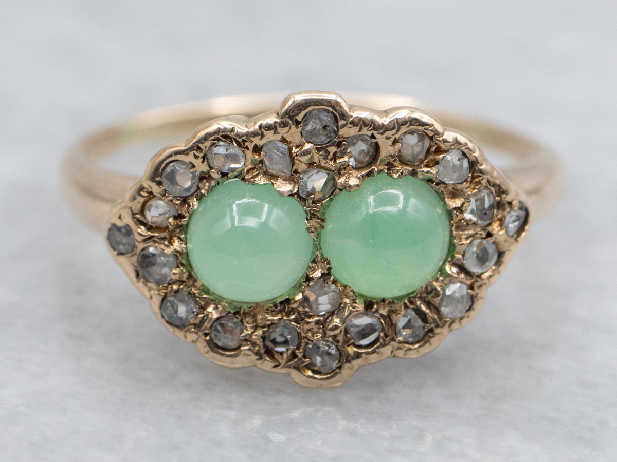 Victorian Double Green Chrysoprase and Rose Cut Diamond Halo Gold Ring