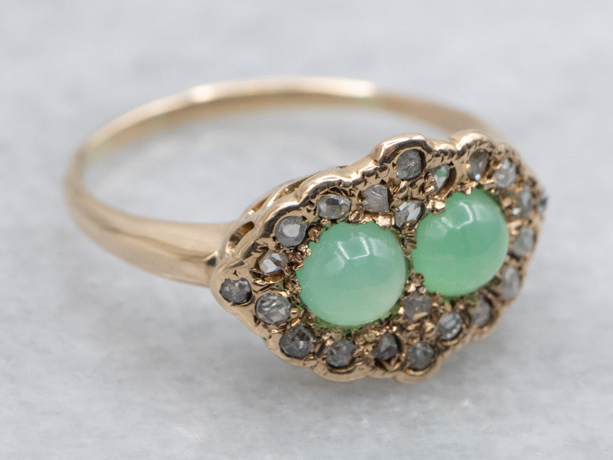 Victorian Double Green Chrysoprase and Rose Cut Diamond Halo Gold Ring