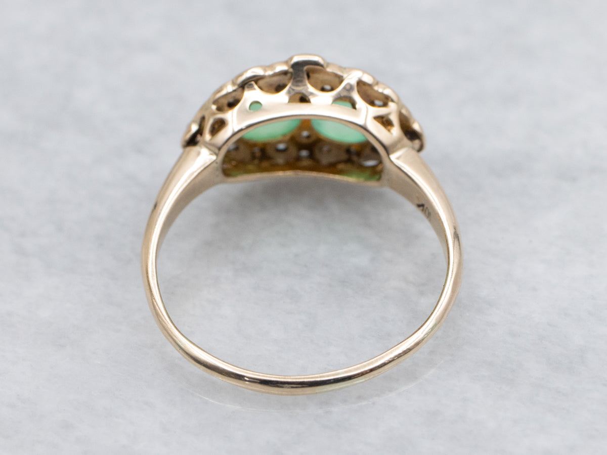 Victorian Double Green Chrysoprase and Rose Cut Diamond Halo Gold Ring