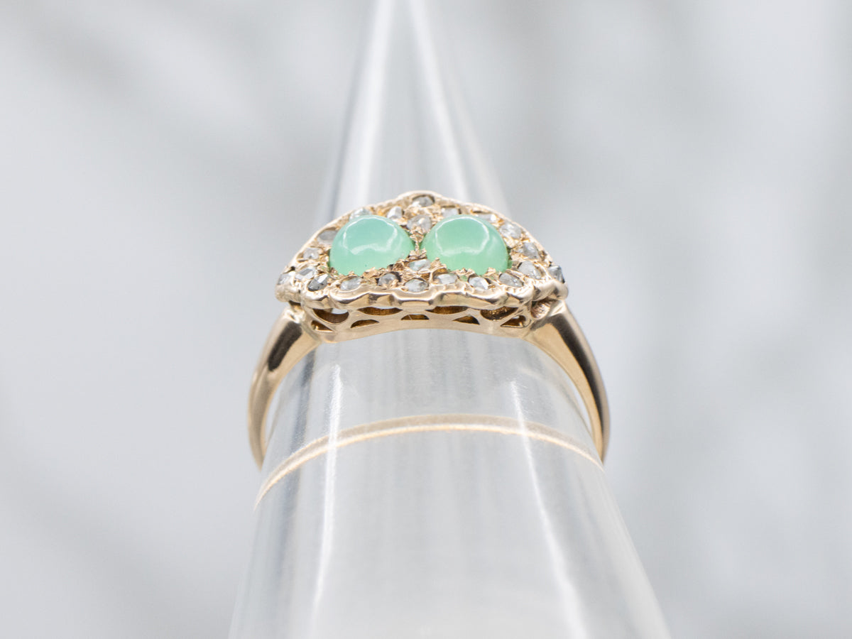 Victorian Double Green Chrysoprase and Rose Cut Diamond Halo Gold Ring