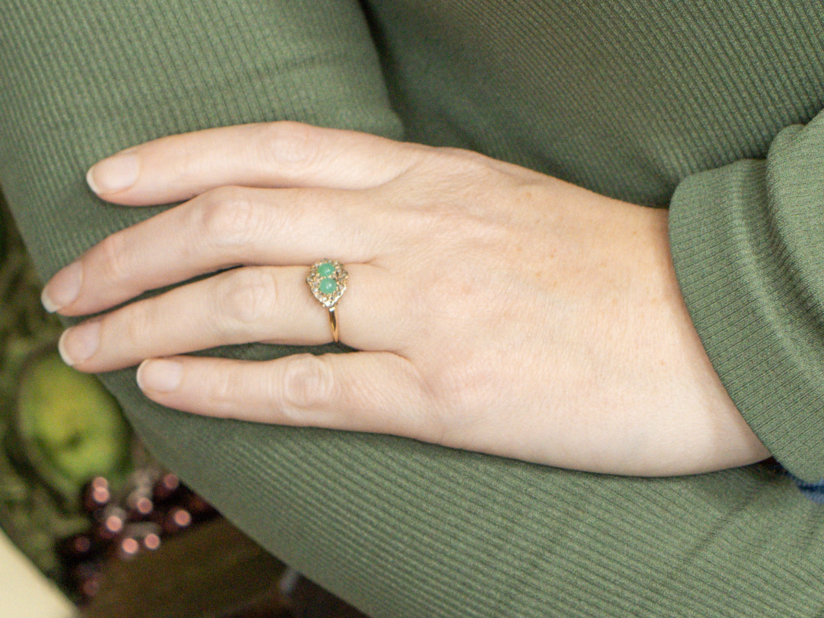 Victorian Double Green Chrysoprase and Rose Cut Diamond Halo Gold Ring