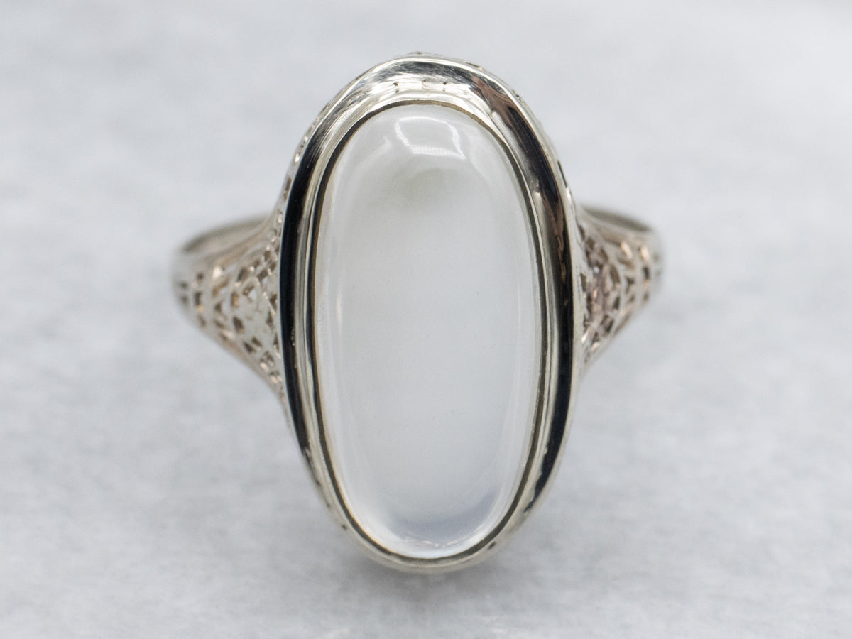 Elongated Moonstone Cabochon Art Deco Era Filigree Ring