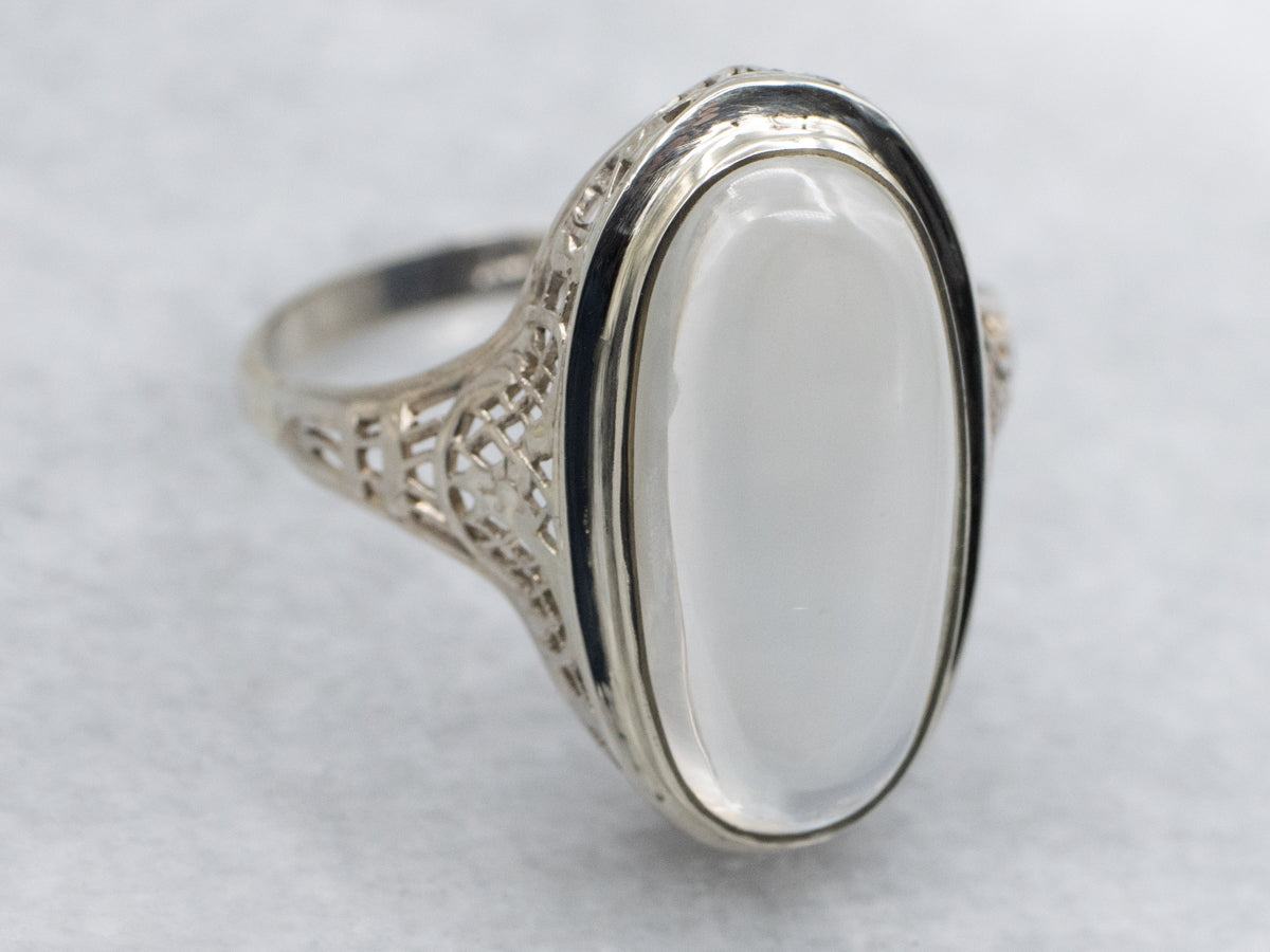 Elongated Moonstone Cabochon Art Deco Era Filigree Ring
