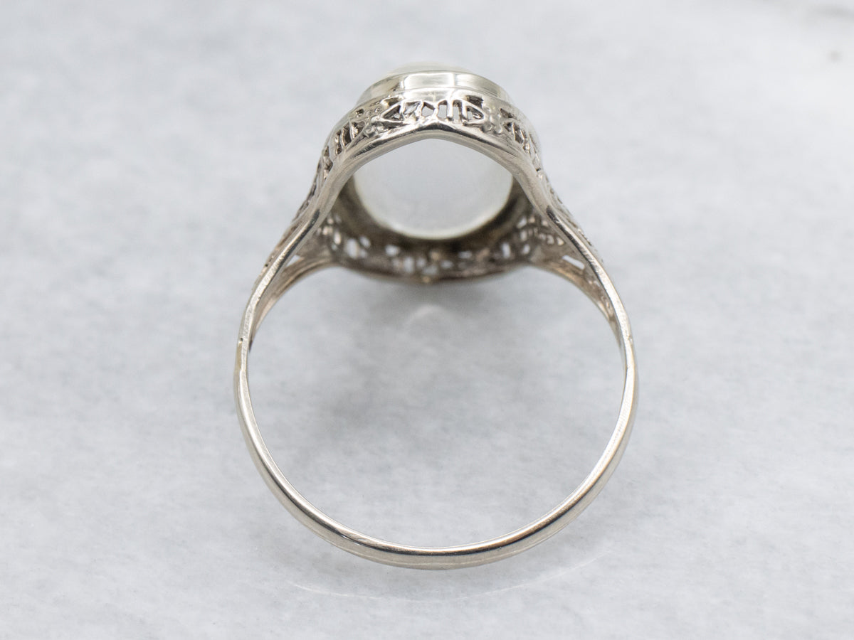 Elongated Moonstone Cabochon Art Deco Era Filigree Ring