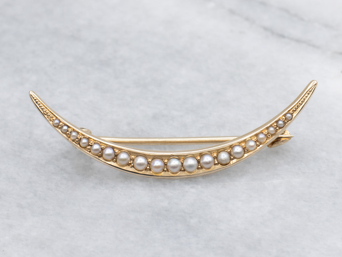 Antique Gold Seed Pearl Crescent Moon Brooch