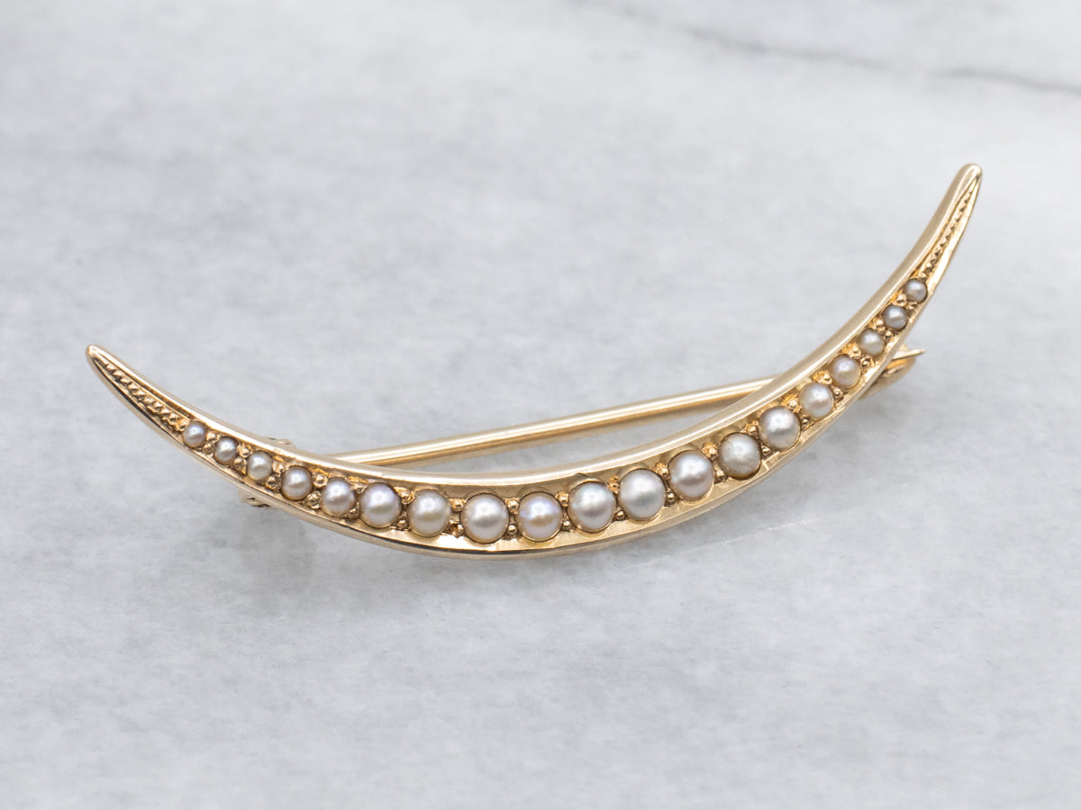 Antique Gold Seed Pearl Crescent Moon Brooch
