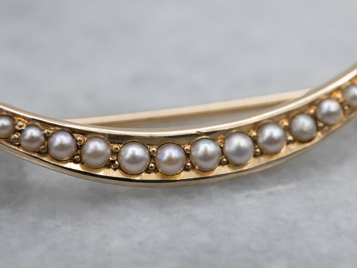 Antique Gold Seed Pearl Crescent Moon Brooch