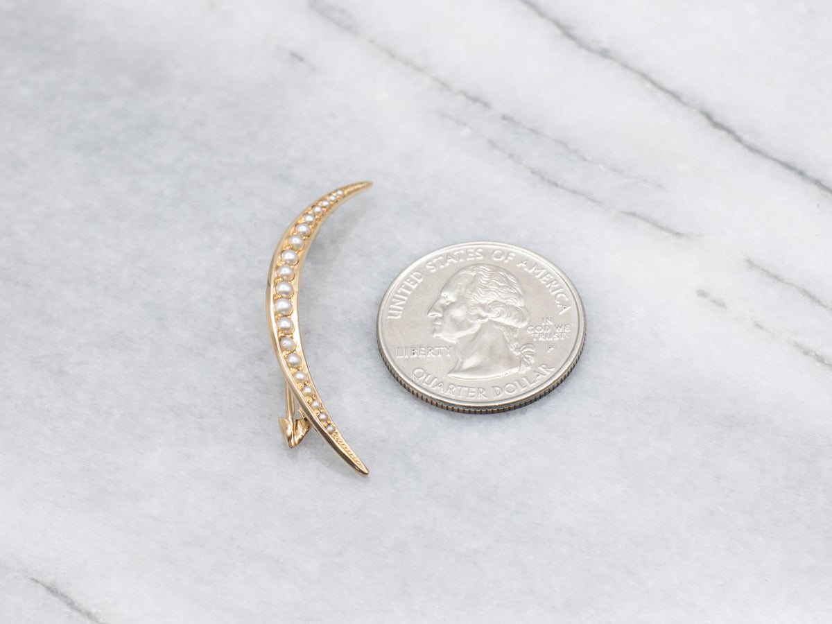 Antique Gold Seed Pearl Crescent Moon Brooch