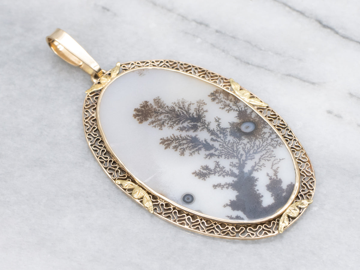 Dendritic Agate Gold Filigree Statement Pendant